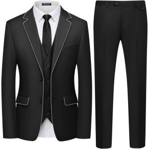 WULFUL Men’s 3 Piece Slim Fit Suit Set Two Button Blazer Jacket Vest Pants Tuxedo Set for Party, Wedding and Business(Black-0368)