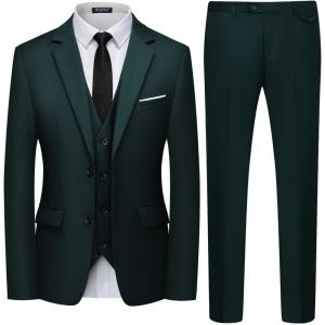 WULFUL Men’s 3 Piece Slim Fit Suit Set Two Button Blazer Jacket Vest Pants Tuxedo Set for Party, Wedding and Business(Blackish Green)