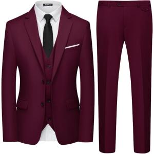 WULFUL Men’s 3 Piece Slim Fit Suit Set Two Button Blazer Jacket Vest Pants Tuxedo Set for Party, Wedding and Business(Blanc Red)