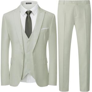 WULFUL Men’s 3 Piece Slim Fit Suit Set Two Button Blazer Jacket Vest Pants Tuxedo Set for Party, Wedding and Business(Celery Green)