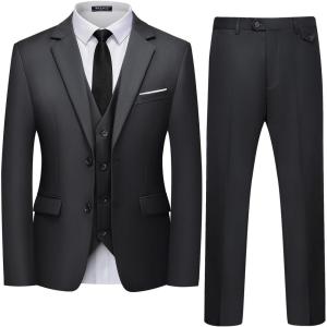 WULFUL Men’s 3 Piece Slim Fit Suit Set Two Button Blazer Jacket Vest Pants Tuxedo Set for Party, Wedding and Business(Dark Grey)