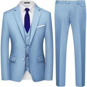 WULFUL Men’s 3 Piece Slim Fit Suit Set Two Button Blazer Jacket Vest Pants Tuxedo Set for Party, Wedding and Business(Light Blue)