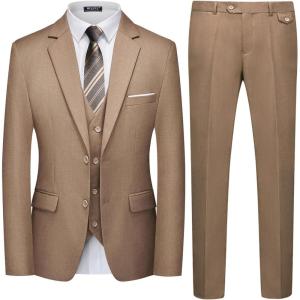 WULFUL Men’s 3 Piece Slim Fit Suit Set Two Button Blazer Jacket Vest Pants Tuxedo Set for Party, Wedding and Business(Light Brown)