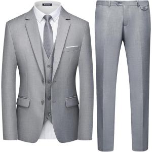 WULFUL Men’s 3 Piece Slim Fit Suit Set Two Button Blazer Jacket Vest Pants Tuxedo Set for Party, Wedding and Business(Light Gray)