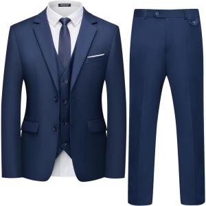 WULFUL Men’s 3 Piece Slim Fit Suit Set Two Button Blazer Jacket Vest Pants Tuxedo Set for Party, Wedding and Business(Navy)