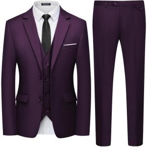 WULFUL Men’s 3 Piece Slim Fit Suit Set Two Button Blazer Jacket Vest Pants Tuxedo Set for Party, Wedding and Business(Purple)