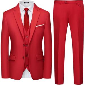 WULFUL Men’s 3 Piece Slim Fit Suit Set Two Button Blazer Jacket Vest Pants Tuxedo Set for Party, Wedding and Business(Red)
