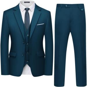 WULFUL Men’s 3 Piece Slim Fit Suit Set Two Button Blazer Jacket Vest Pants Tuxedo Set for Party, Wedding and Business(Sea Blue)