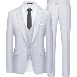 WULFUL Men’s 3 Piece Slim Fit Suit Set Two Button Blazer Jacket Vest Pants Tuxedo Set for Party, Wedding and Business(White)