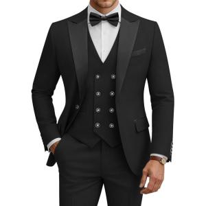 WULFUL Men’s 3 Piece Suits Slim Fit Tuxedo Suit Set Double Breasted Suit Jacket Vest Pants Set for Wedding Prom(Black)