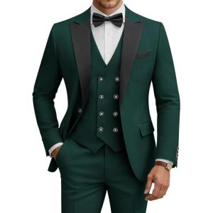 WULFUL Men’s 3 Piece Suits Slim Fit Tuxedo Suit Set Double Breasted Suit Jacket Vest Pants Set for Wedding Prom(Dark Green)