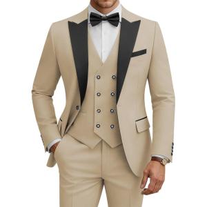 WULFUL Men’s 3 Piece Suits Slim Fit Tuxedo Suit Set Double Breasted Suit Jacket Vest Pants Set for Wedding Prom(Khaki)
