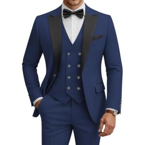 WULFUL Men’s 3 Piece Suits Slim Fit Tuxedo Suit Set Double Breasted Suit Jacket Vest Pants Set for Wedding Prom(Navy)