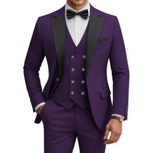 WULFUL Men’s 3 Piece Suits Slim Fit Tuxedo Suit Set Double Breasted Suit Jacket Vest Pants Set for Wedding Prom(Purple)