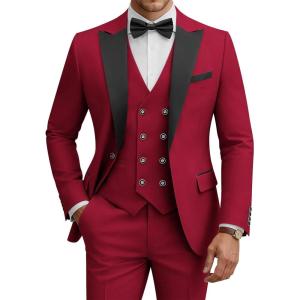 WULFUL Men’s 3 Piece Suits Slim Fit Tuxedo Suit Set Double Breasted Suit Jacket Vest Pants Set for Wedding Prom(Red)