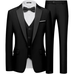 WULFUL Men’s 3 Piece Suits Slim Fit Tuxedo Suit Set One Button Notch Lapel Blazer Jacket Vest Pants Set for Prom, Business