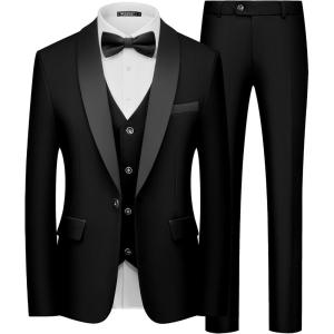 WULFUL Men’s 3 Piece Suits Slim Fit Tuxedo Suit Set One Button Shawl Lapel Blazer Jacket Vest Pants Set for Prom, Business(Black)