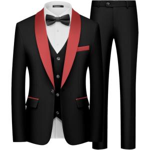 WULFUL Men’s 3 Piece Suits Slim Fit Tuxedo Suit Set One Button Shawl Lapel Blazer Jacket Vest Pants Set for Prom, Business(Black- Red Lapel)
