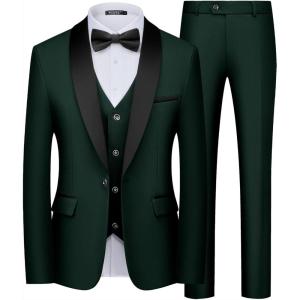 WULFUL Men’s 3 Piece Suits Slim Fit Tuxedo Suit Set One Button Shawl Lapel Blazer Jacket Vest Pants Set for Prom, Business(Dark Green)