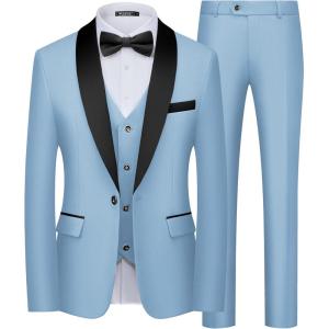 WULFUL Men’s 3 Piece Suits Slim Fit Tuxedo Suit Set One Button Shawl Lapel Blazer Jacket Vest Pants Set for Prom, Business(Light Blue)