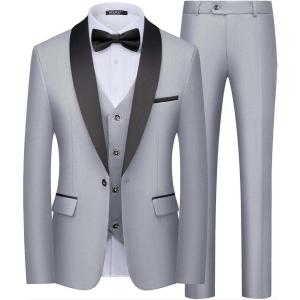 WULFUL Men’s 3 Piece Suits Slim Fit Tuxedo Suit Set One Button Shawl Lapel Blazer Jacket Vest Pants Set for Prom, Business(Light Grey)