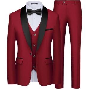 WULFUL Men’s 3 Piece Suits Slim Fit Tuxedo Suit Set One Button Shawl Lapel Blazer Jacket Vest Pants Set for Prom, Business(Red)