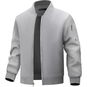 WULFUL Men’s Bomber Jacket Lightweight Casual Windbreaker Zip Up Coat with Pocket(Light Grey)