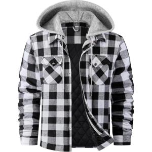 WULFUL Men’s Cotton Plaid Shirts Jacket Fleece Lined Flannel Shirts with Hood(Black649)