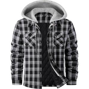 WULFUL Men’s Cotton Plaid Shirts Jacket Fleece Lined Flannel Shirts with Hood(Black758)