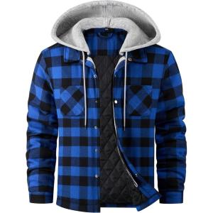 WULFUL Men’s Cotton Plaid Shirts Jacket Fleece Lined Flannel Shirts with Hood(Blue804)