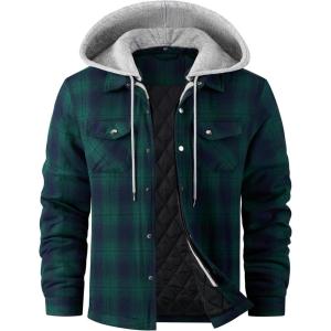 WULFUL Men’s Cotton Plaid Shirts Jacket Fleece Lined Flannel Shirts with Hood(Green813)