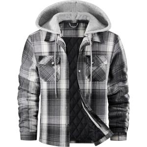 WULFUL Men’s Cotton Plaid Shirts Jacket Fleece Lined Flannel Shirts with Hood(Grey567)