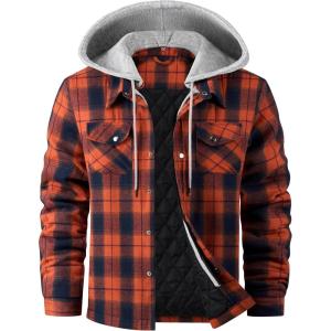 WULFUL Men’s Cotton Plaid Shirts Jacket Fleece Lined Flannel Shirts with Hood(Navy Yellow566)