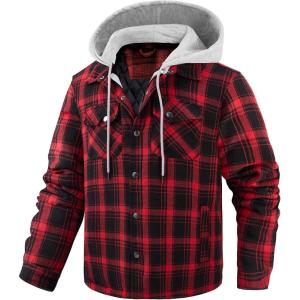 WULFUL Men’s Cotton Plaid Shirts Jacket Fleece Lined Flannel Shirts with Hood(Red711)