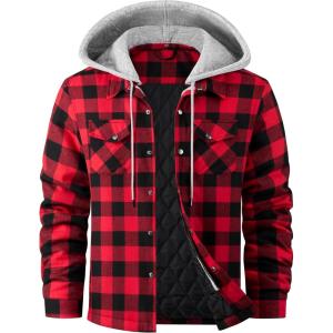 WULFUL Men’s Cotton Plaid Shirts Jacket Fleece Lined Flannel Shirts with Hood(Red798)
