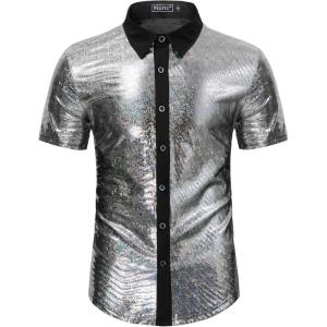 WULFUL Men’s Disco Shirt Sequins Short Sleeve Button Down Shirts 70s Party Costume Dress Shirts(Black053)