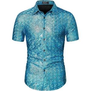 WULFUL Men’s Disco Shirt Sequins Short Sleeve Button Down Shirts 70s Party Costume Dress Shirts(Blue0150)