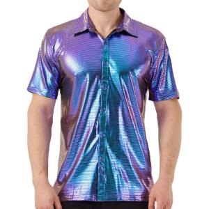 WULFUL Men’s Disco Shirt Sequins Short Sleeve Button Down Shirts 70s Party Costume Dress Shirts(Blue0151)