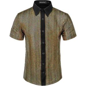 WULFUL Men’s Disco Shirt Sequins Short Sleeve Button Down Shirts 70s Party Costume Dress Shirts(Gold)
