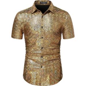 WULFUL Men’s Disco Shirt Sequins Short Sleeve Button Down Shirts 70s Party Costume Dress Shirts(Gold0150)