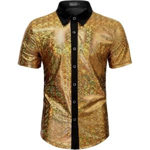 WULFUL Men’s Disco Shirt Sequins Short Sleeve Button Down Shirts 70s Party Costume Dress Shirts(Gold053)
