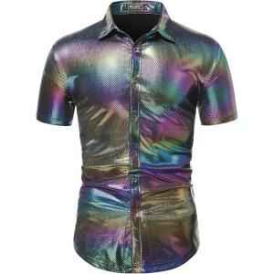 WULFUL Men’s Disco Shirt Sequins Short Sleeve Button Down Shirts 70s Party Costume Dress Shirts(Multicolor0152)