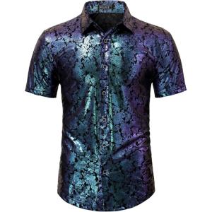 WULFUL Men’s Disco Shirt Sequins Short Sleeve Button Down Shirts 70s Party Costume Dress Shirts(Multicolor056)