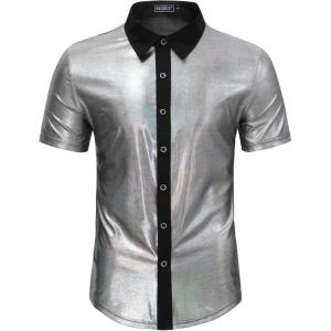 WULFUL Men’s Disco Shirt Sequins Short Sleeve Button Down Shirts 70s Party Costume Dress Shirts(Silver053)