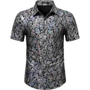 WULFUL Men’s Disco Shirt Sequins Short Sleeve Button Down Shirts 70s Party Costume Dress Shirts(Silver056)
