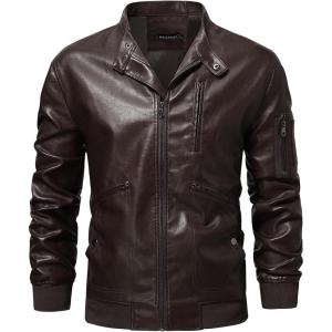 WULFUL Men’s Faux Leather Jacket Stand Collar Lightweight Bomber Jacket(Coffee)