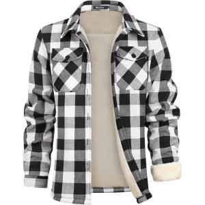 WULFUL Men’s Flannel Fleece Jackets Sherpa Lined Shirt Jacket Plaid Jackets Shacket Winter Outerwear Warm(Black649)