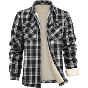WULFUL Men’s Flannel Fleece Jackets Sherpa Lined Shirt Jacket Plaid Jackets Shacket Winter Outerwear Warm(Black758)