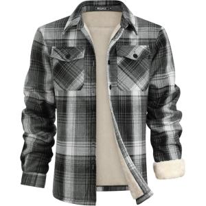 WULFUL Men’s Flannel Fleece Jackets Sherpa Lined Shirt Jacket Plaid Jackets Shacket Winter Outerwear Warm(Grey567)