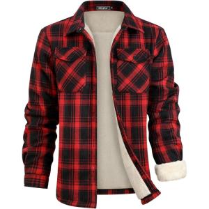 WULFUL Men’s Flannel Fleece Jackets Sherpa Lined Shirt Jacket Plaid Jackets Shacket Winter Outerwear Warm(Red711)